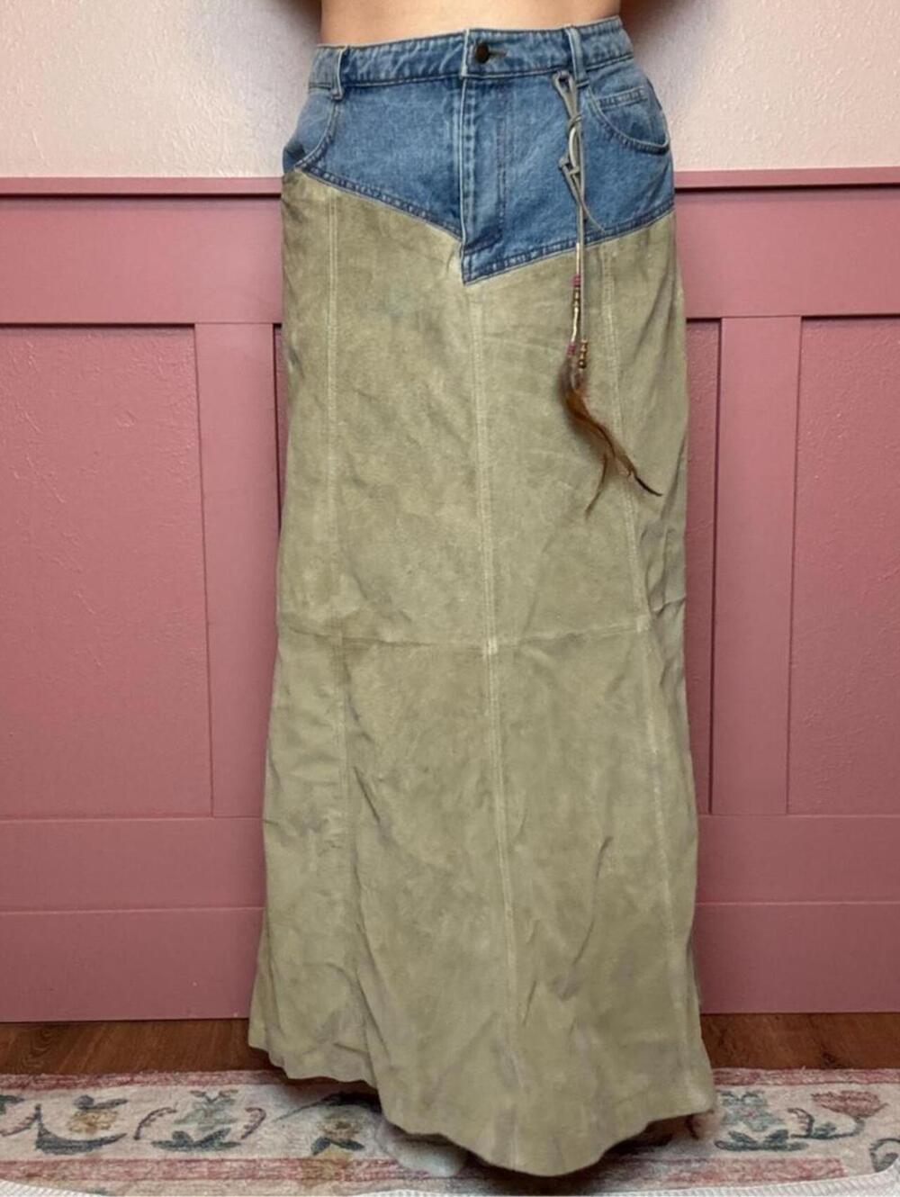 90s suede leather patchwork western maxi skirt together beaded yoke boho fairy
